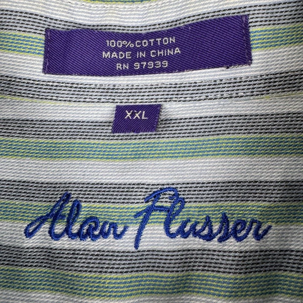 Alan Flusser Button Down Shirt Mens XXL‎ Green Blue Striped Long Sleeve Cotton